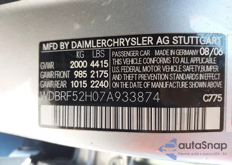 2007 Mercedes-Benz C 230 Sport из США, поврежденный, VIN WDBRF52H07A933874